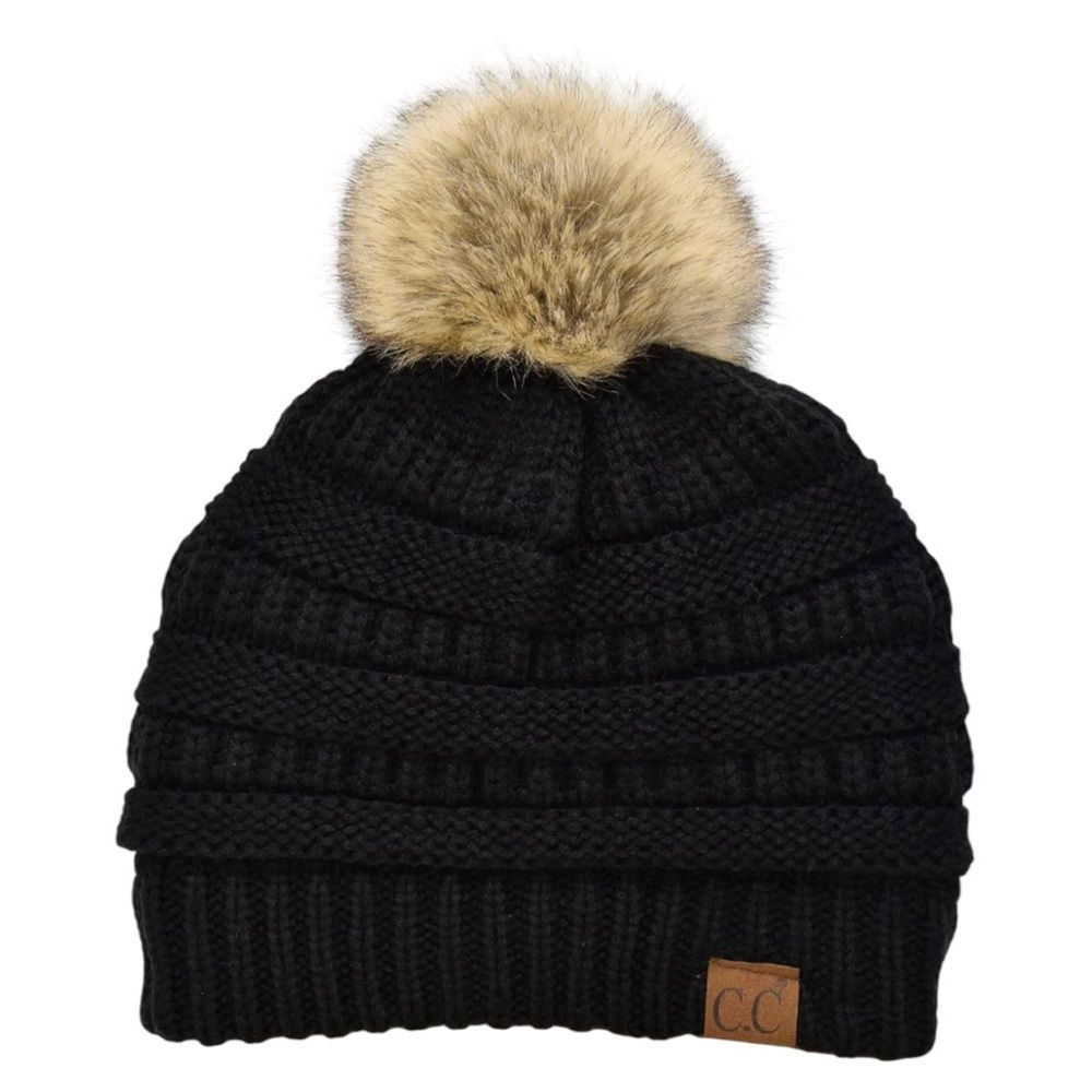 C.C Cable Knit Beanie with Faux Fur Pom | Black